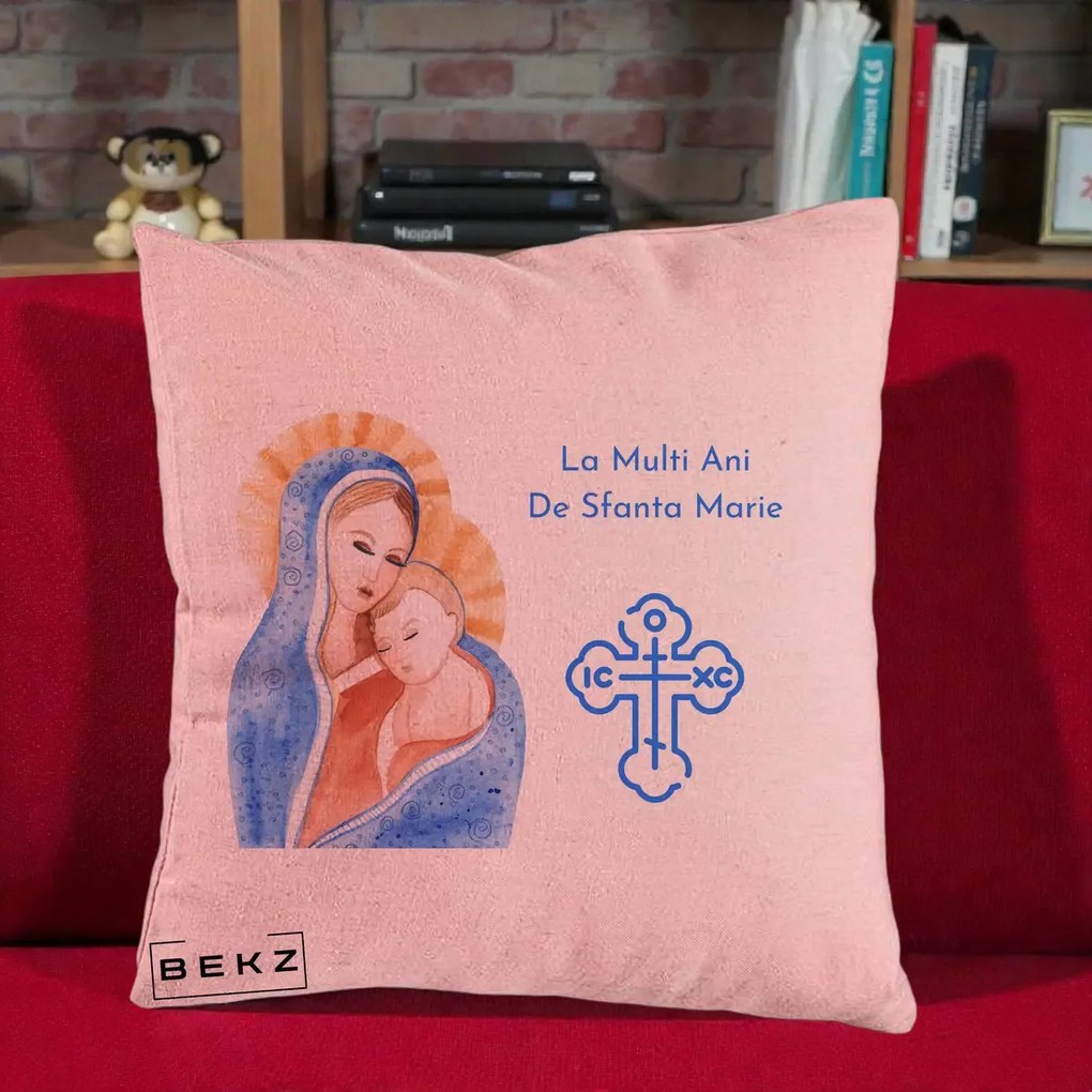 Cadou de Onomastica - Perna Personalizata Sfanta Marie Icoana Acuarela, 40x40 cm, Roz, Husa Detasabila, Perna Inclusa, BEKZ®