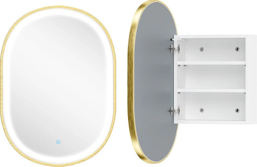 HOMCOM Dulap de Baie cu Oglindă și Lumini LED de 3 Culori Dulap de Perete Oval cu Funcție Memorie și Antiaburire Auriu | Aosom Romania