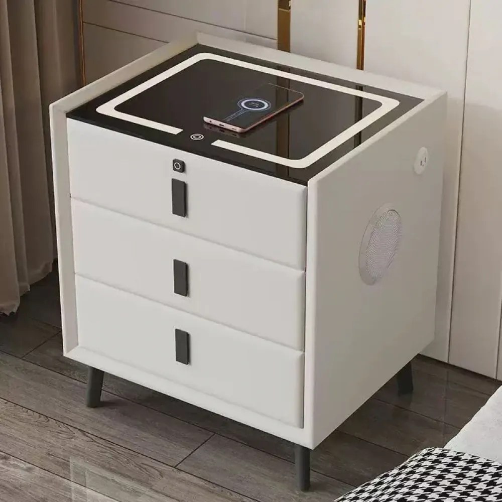 RESIGILAT- Noptieră inteligentă multifuncțională, 3 sertare, blocare cu amprentă, LED-uri tactile, 3 tipuri de culoare, încărcare fără fir, Difuzor Bluetooth, incarcare USB, sticla securizata, Alb