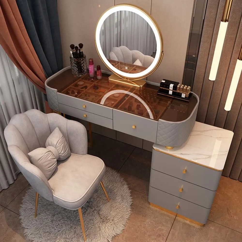 RESIGILAT-Set RANIA, Masă de toaletă pentru machiaj cu oglindă iluminată LED, control touch, 6 sertare, comoda, scaun, Gri