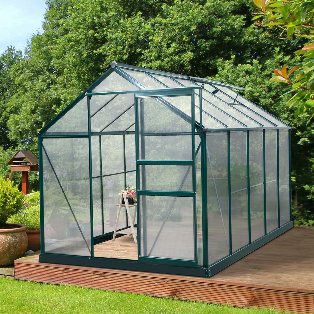 Outsunny Seră de Grădină cu Bază, Fereastră, Ușă Glisantă și Structură din Aluminiu, 190x312x201 cm, Verde Închis | Aosom Romania