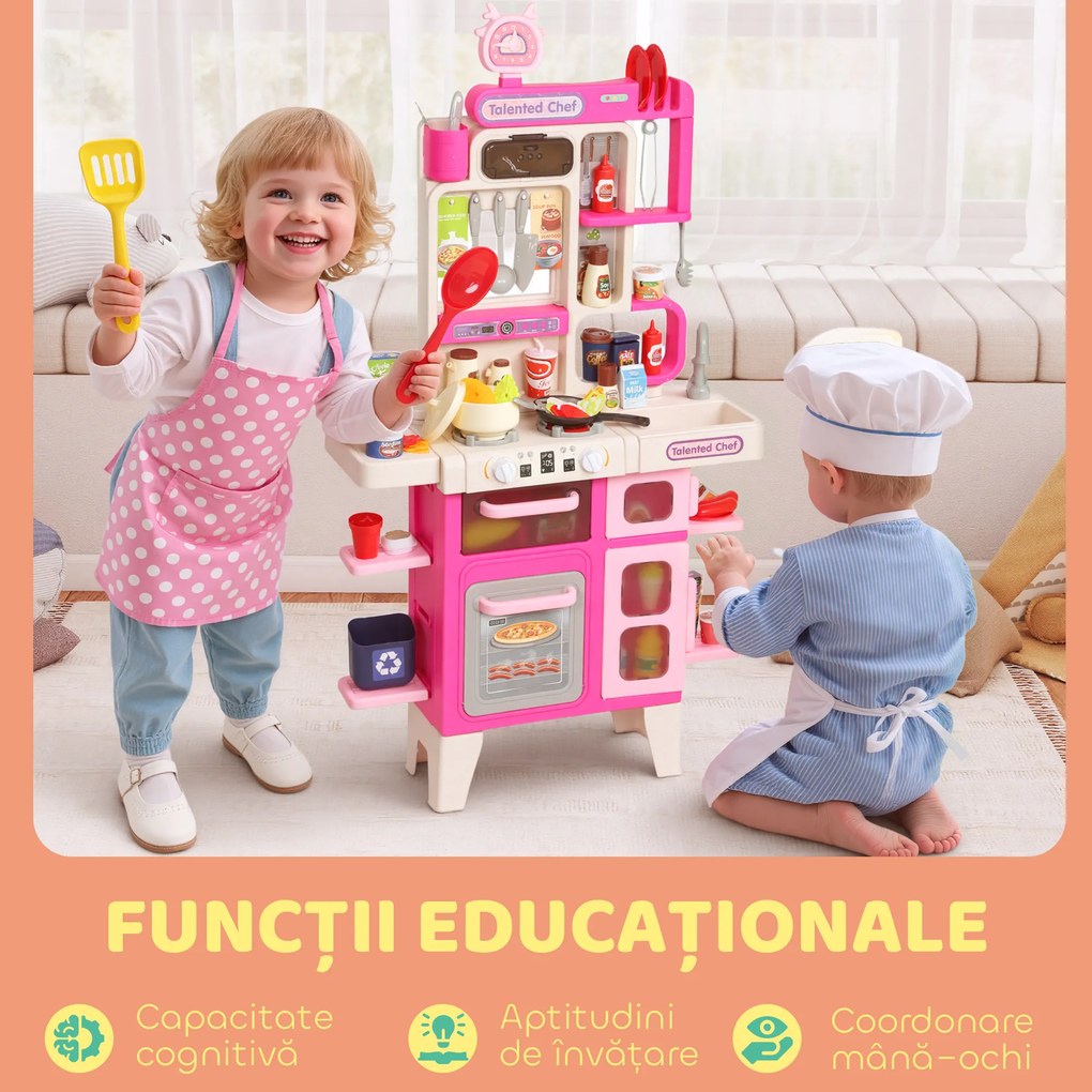 AIYAPLAY Bucătărie de Jucărie pentru Copii 3-6 Ani cu 104 Accesorii, din PP, PE și ABS, 52.5x22x100 cm, Roz | Aosom Romania