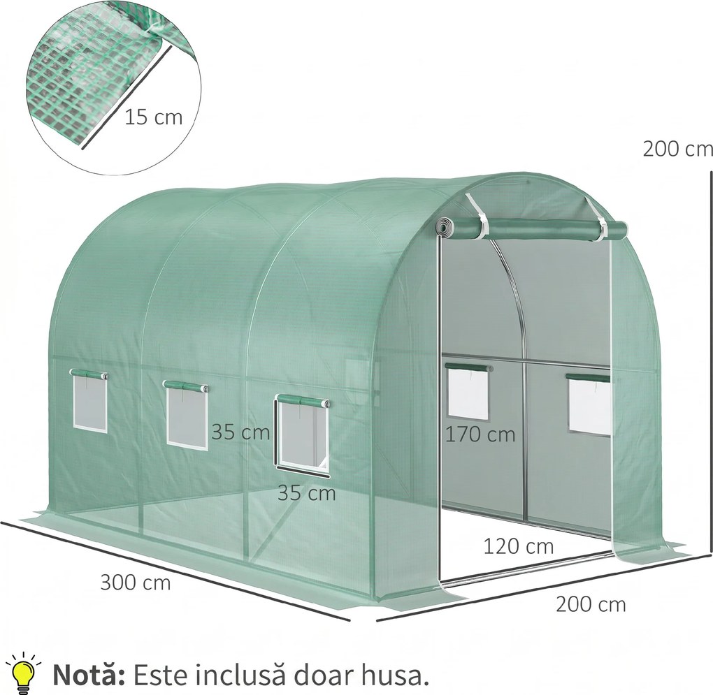 Outsunny Învelitoare pentru Seră cu 12 Ferestre, Ușă Rulabilă și Margini Îngropate, 3x2x2 m, Verde | Aosom Romania