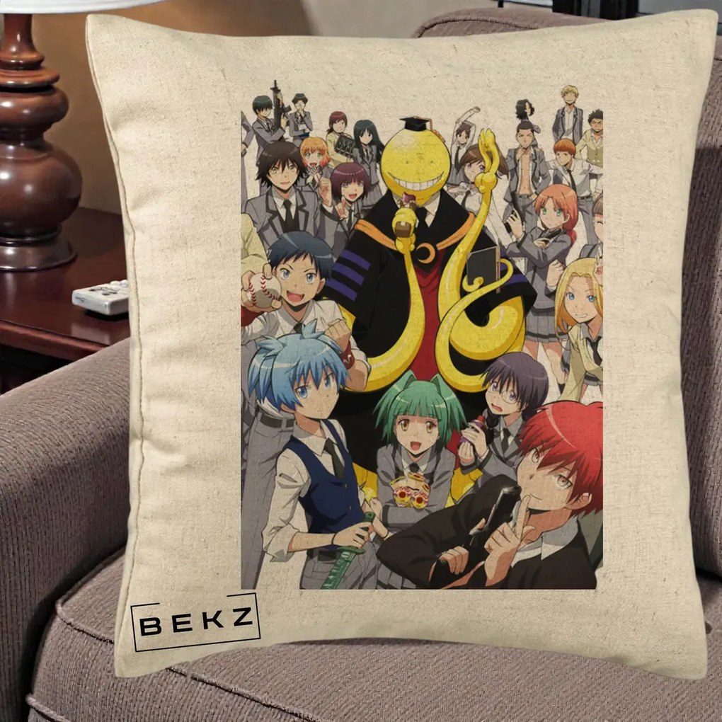 Perna Personalizata Assassination Classroom Grup Complet Anime, 40x40 cm, Bej, Husa Detasabila, Perna Inclusa, BEKZ®