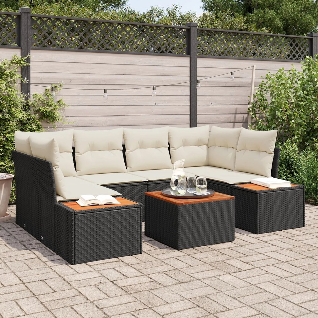 vidaXL Set de canapele de grădină 7 piese , cu perne, ratan polietilenic negru, acacia