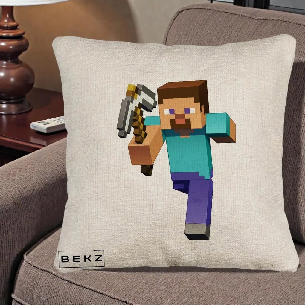 Perna Personalizata Minecraft Steve, 40x40 cm, Bej Canapea, Husa Detasabila, Perna Inclusa, BEKZ®