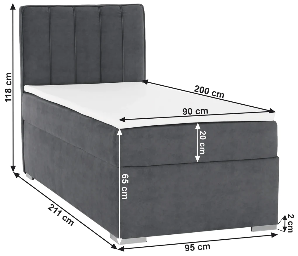 Pat boxspring, pat de o persoană, gri, 90x200, stânga, AMIS