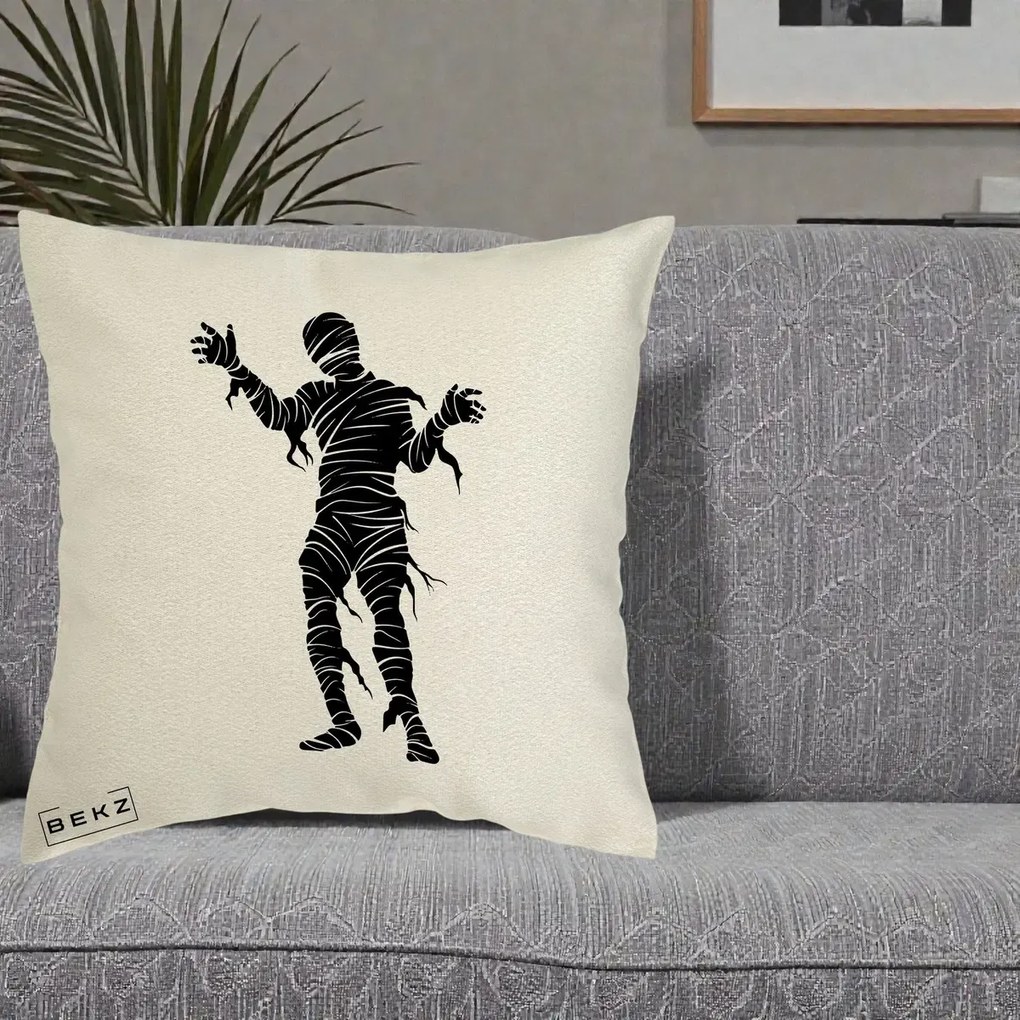 Perna Decorativa Mormii Infricosat Silueta Neagra Halloween, 40x40 cm, Ecru, Husa Detasabila, Perna Inclusa, BEKZ®