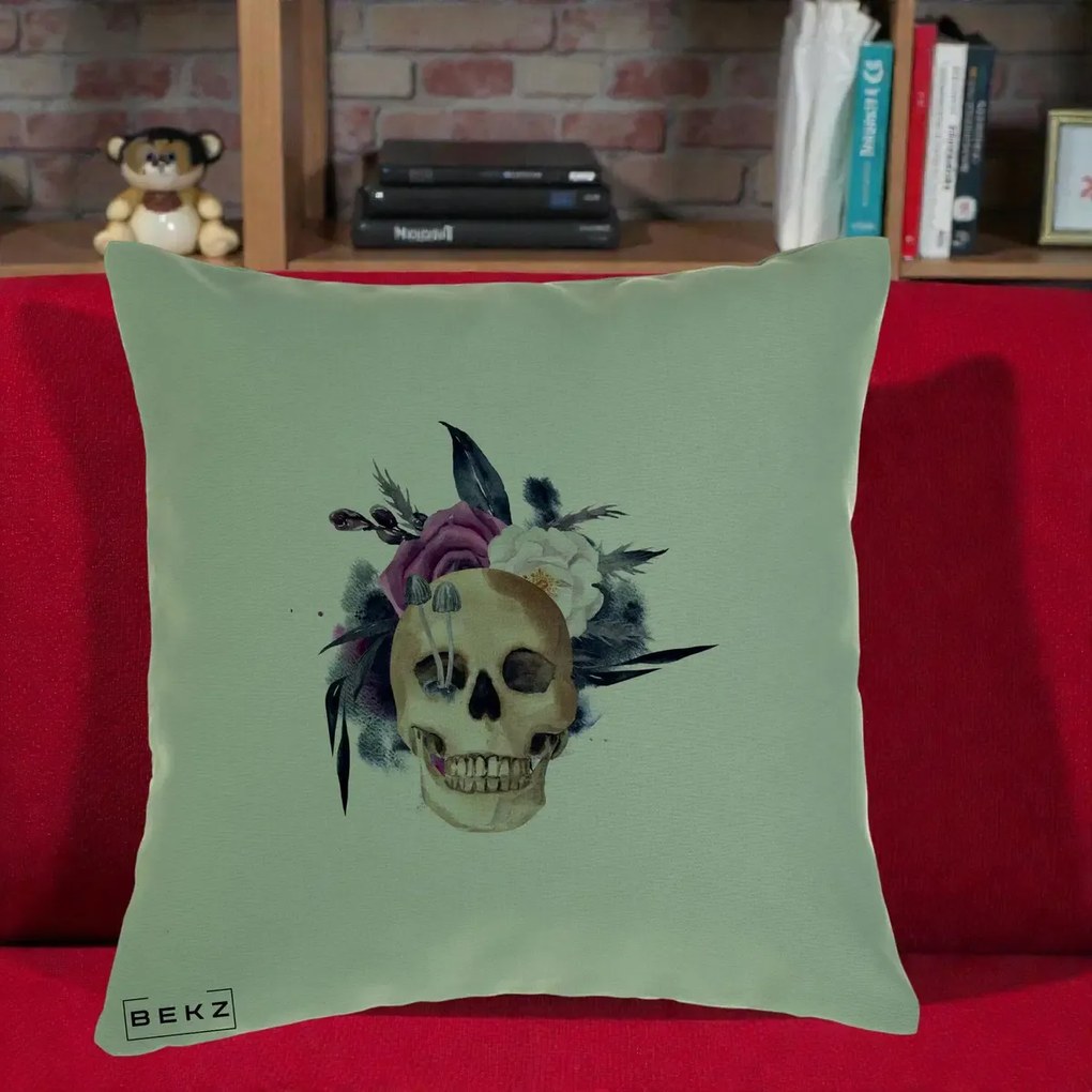 Perna Decorativa Craniu Floral cu Trandafiri si Ciuperci, 40x40 cm, Verde, Husa Detasabila, Perna Inclusa, BEKZ®