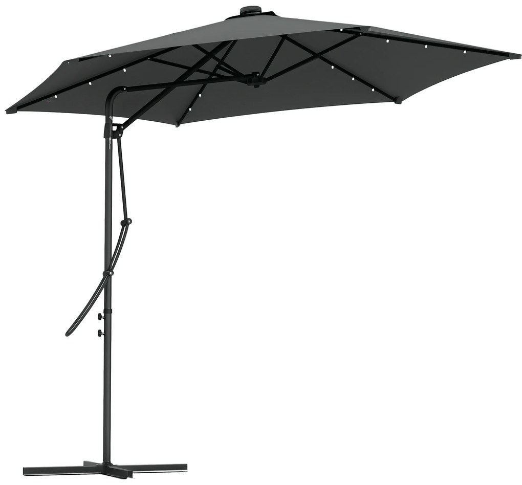 Outsunny Umbrelă Excentrică de 3 m cu Lumini LED cu Manivelă și Bază în Cruce pentru Exterior Patio Terasă Gri Închis | Aosom Romania