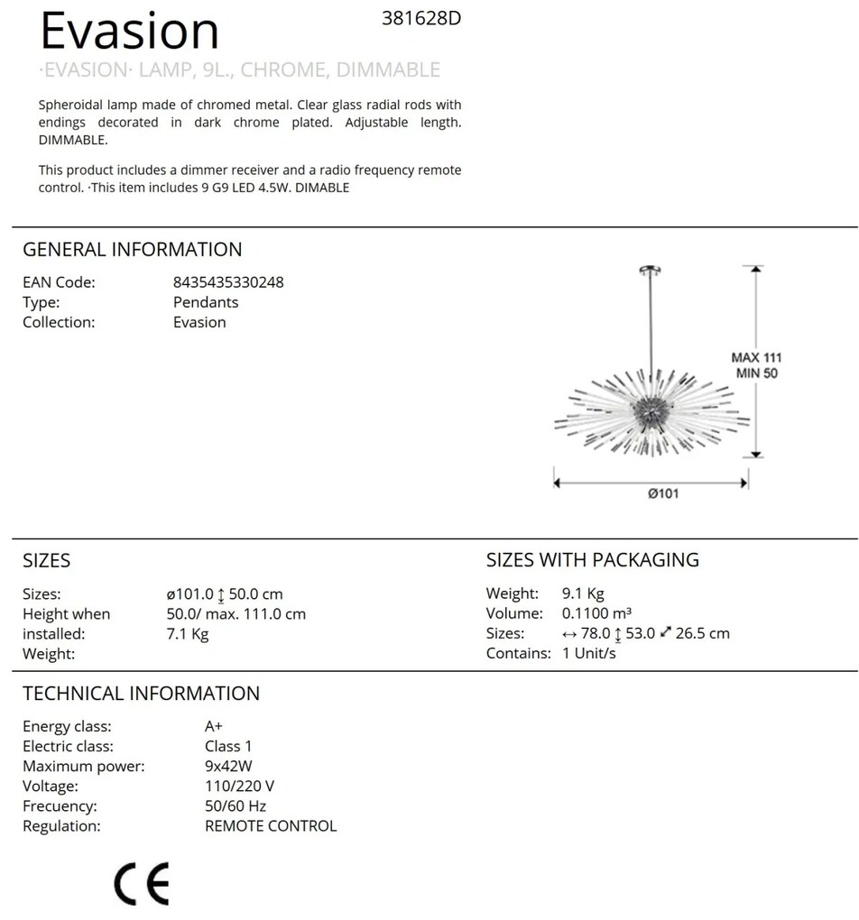 Lustra LED cu telecomanda design ultra-modern Evasion crom SV-381628D