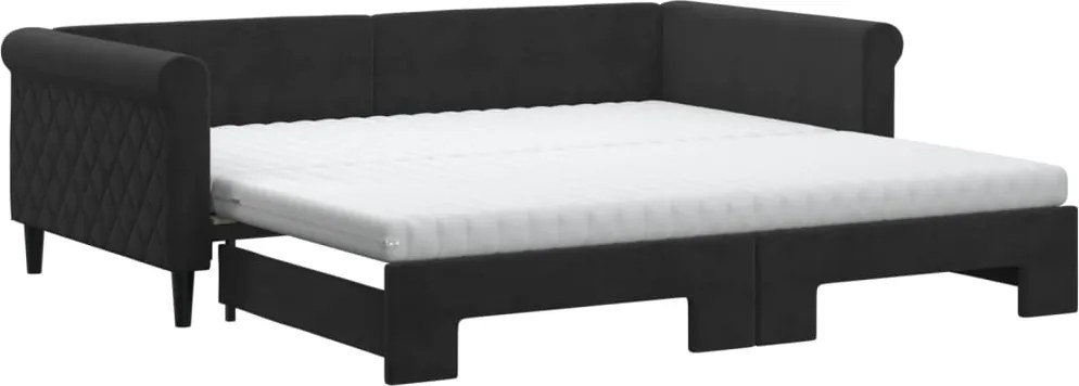 vidaXL Pat de zi cu extensie și saltele, negru, 100x200 cm, catifea