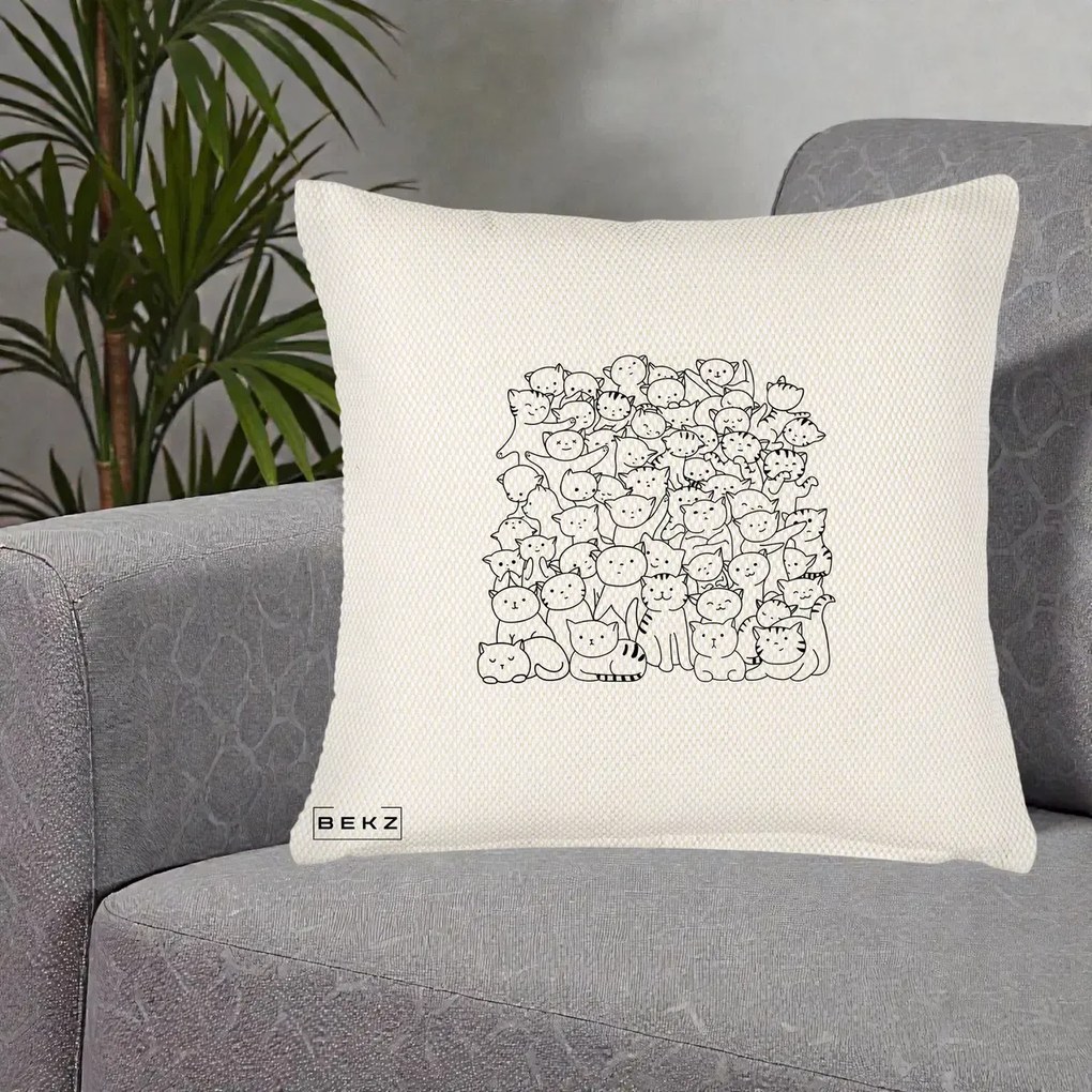 Perna Personalizata Many Cats Pattern Alb-Negru, 40x40 cm, Crem Reliefat, Husa Detasabila, Perna Inclusa, BEKZ®