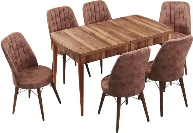 Set masa extensibila cu 6 scaune tapitate Homs cargold 250-30049 nuc-maro 170 x 80 cm