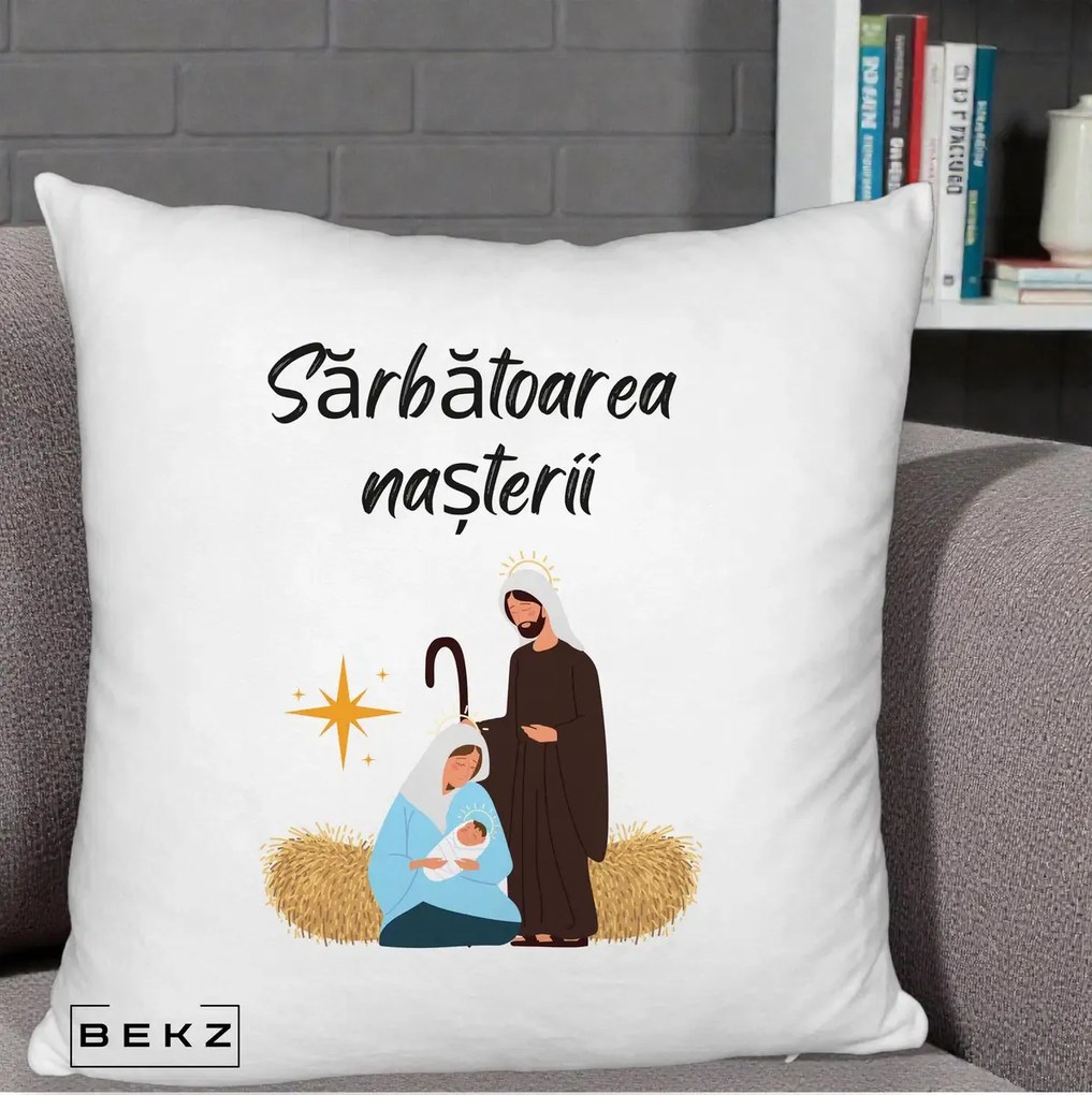Perna Decorativa Nasterea Domnului Sfanta Familie Sarbatoarea Nasterii, 40x40 cm, Alb Pufos, Husa Detasabila, Perna Inclusa, BEKZ®