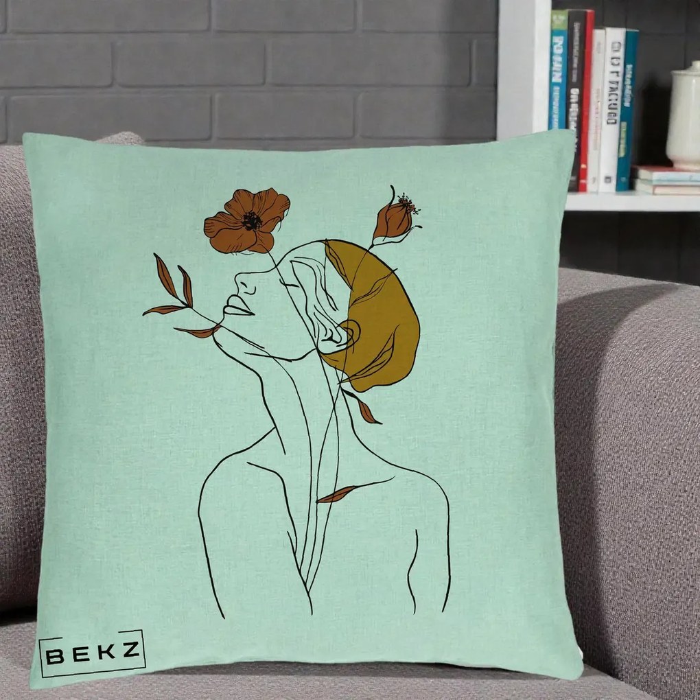 Perna Decorativa Portret Feminin Mac Privire Inalta, 40x40 cm, Verde Menta, Husa Detasabila, Perna Inclusa, BEKZ®