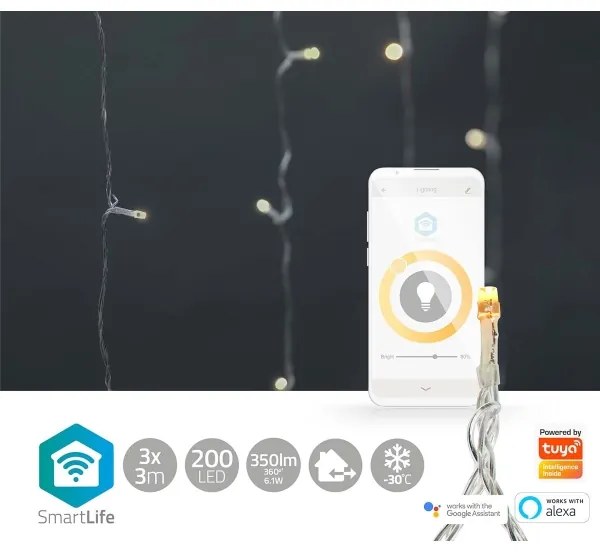 Perdea LED de Crăciun 200xLED/8 funcții 6m IP65 Wi-Fi Tuya cald Nedis WIFILXC01W200