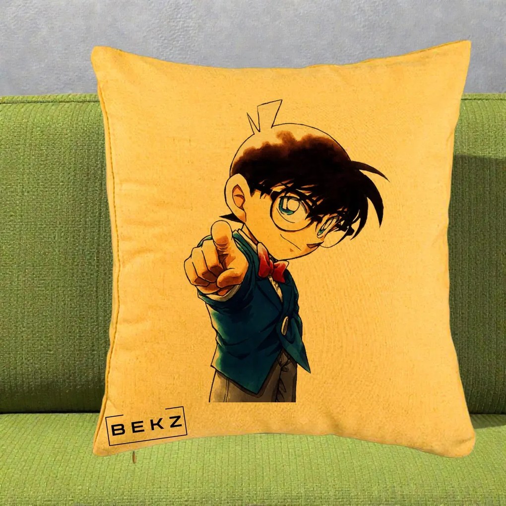 Perna Personalizata Detective Conan Conan Arata, 40x40 cm, Galben, Husa Detasabila, Perna Inclusa, BEKZ®