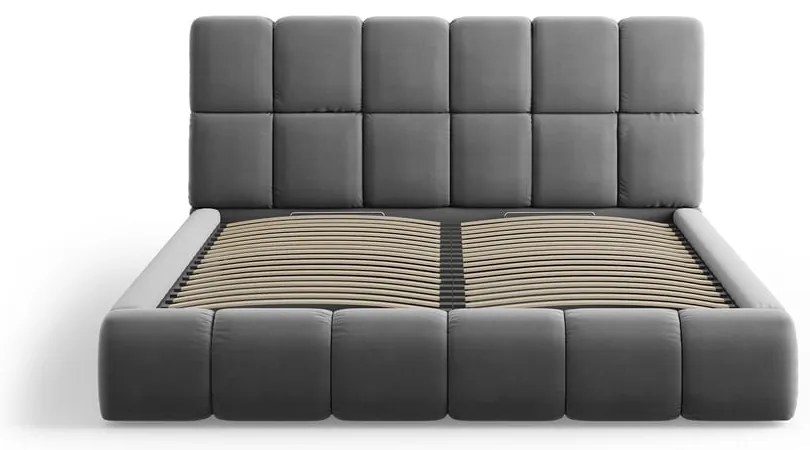 Pat matrimonial gri tapițat din catifea cu spațiu de depozitare cu somieră 140x200 cm Bellis – Micadoni