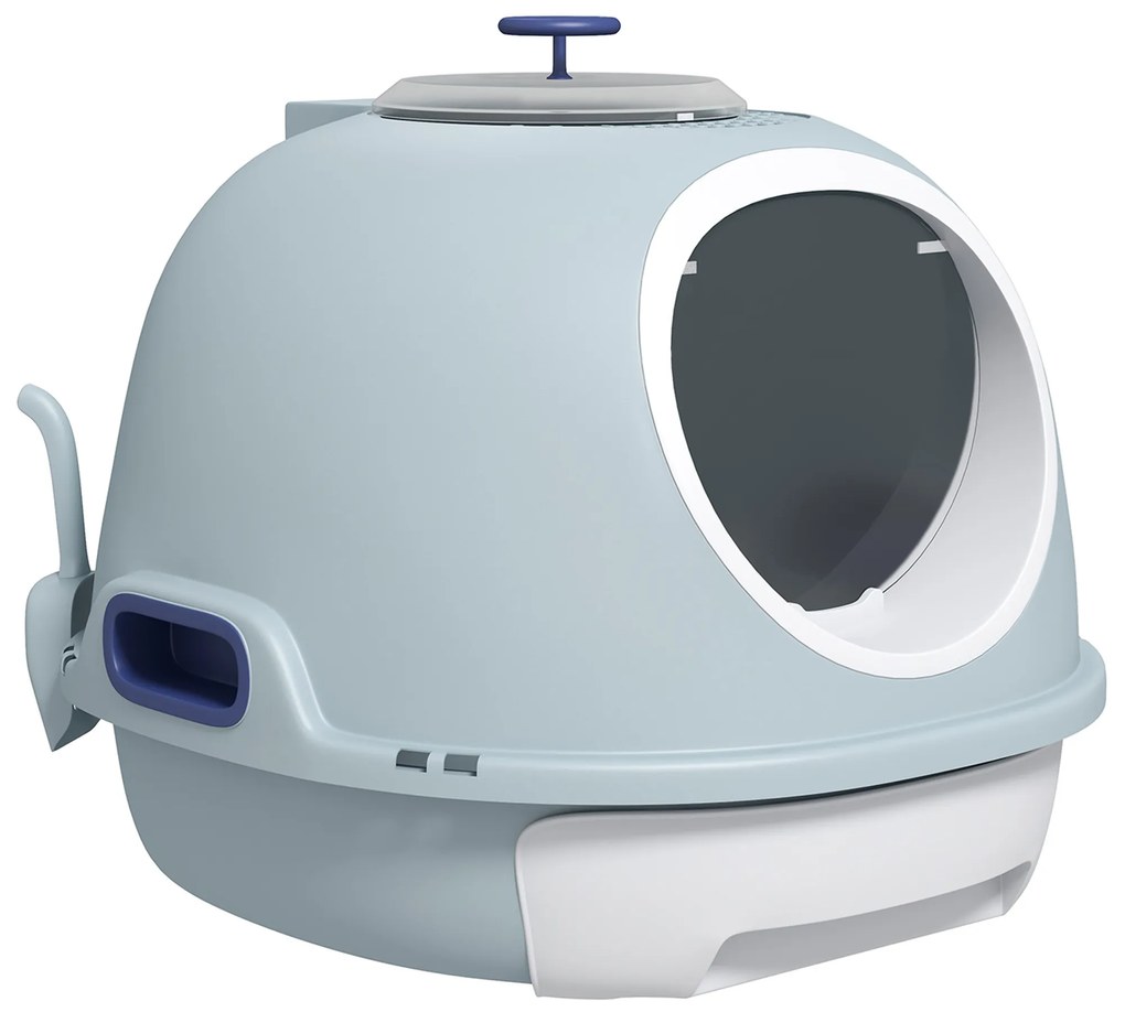 PawHut Litieră Pisici Capac, Acoperită, Tavă Detașabilă, 2 Intrări, Lopățică, 47x55x44cm, Albastru | Aosom Romania