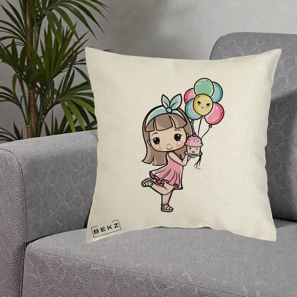 Perna Decorativa Fetita Kawaii cu Baloane si Cupcake, 40x40 cm, Ecru, Husa Detasabila, Perna Inclusa, BEKZ®