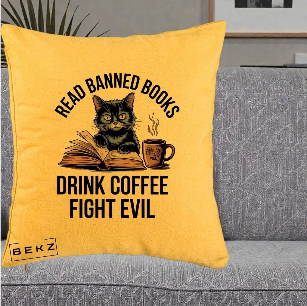 Perna Personalizata Read Banned Books Pisica, 40x40 cm, Galben, Husa Detasabila, Perna Inclusa, BEKZ®
