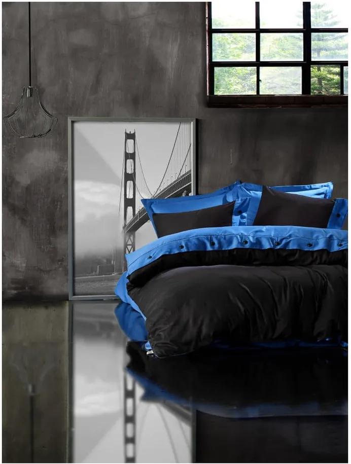 Lenjerie cu cearșaf din bumbac ranforce pentru pat dublu Blue Black, 200 x 220 cm