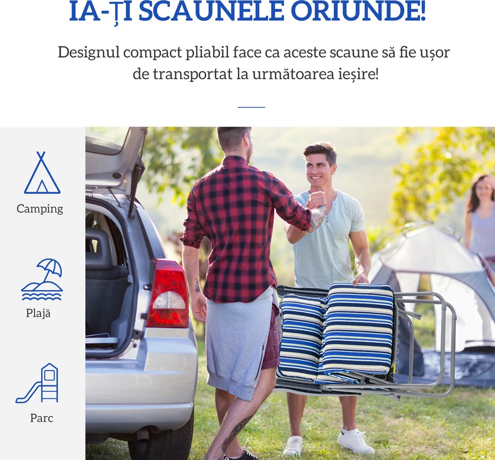 Outsunny Set de 2 Șezlonguri de Grădină Pliabile, Șezlonguri cu Spătar Reglabil pe 5 Nivele, Perne, Cotiere, din Oțel și Poliester, pentru Exterior, Terasă, Albastru și Crem | Aosom Romania
