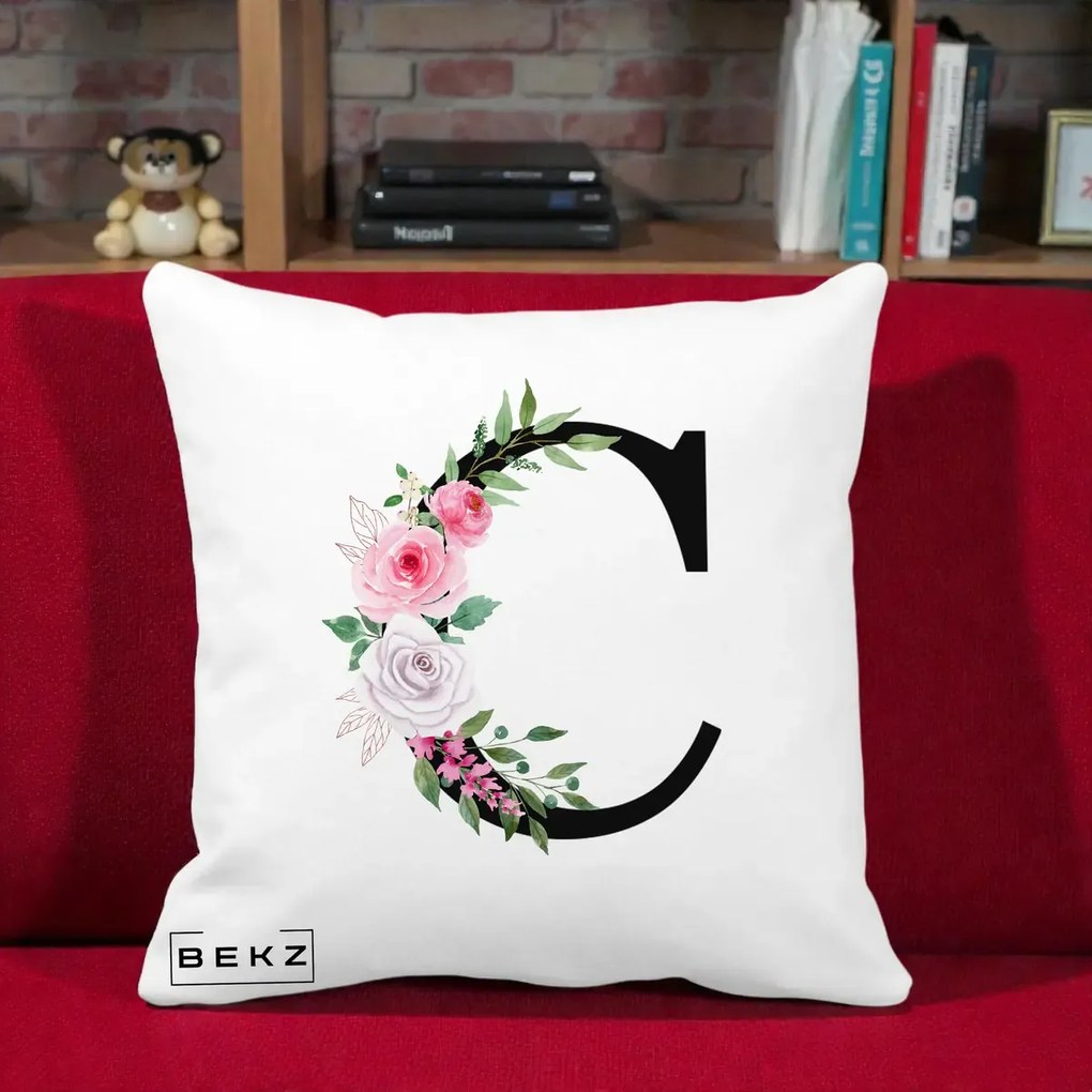 Cadou Personalizat - Perna Personalizata Monograma Florala Litera C, 40x40 cm, Alba Mata, Husa Detasabila, Perna Inclusa, BEKZ®