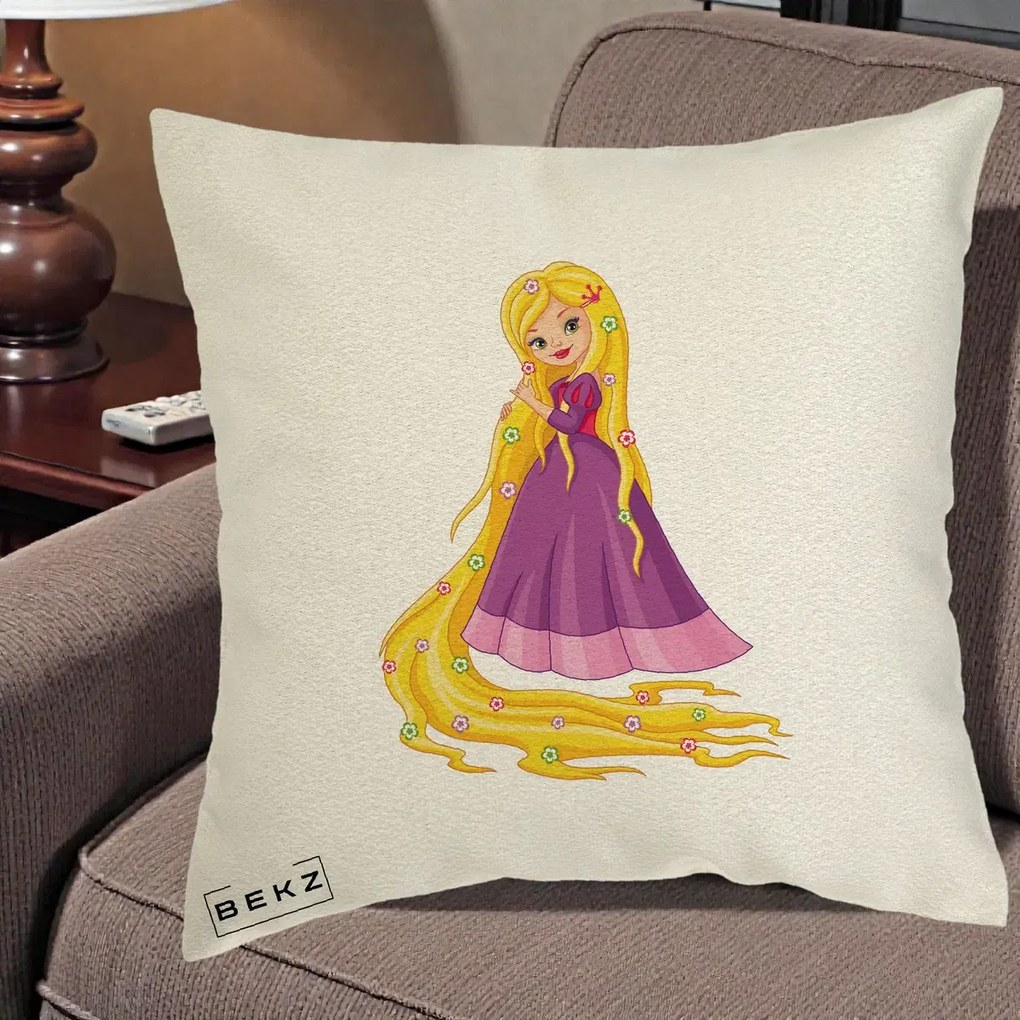Perna Personalizata Rapunzel Par Lung Floral, 40x40 cm, Ecru, Husa Detasabila, Perna Inclusa, BEKZ®