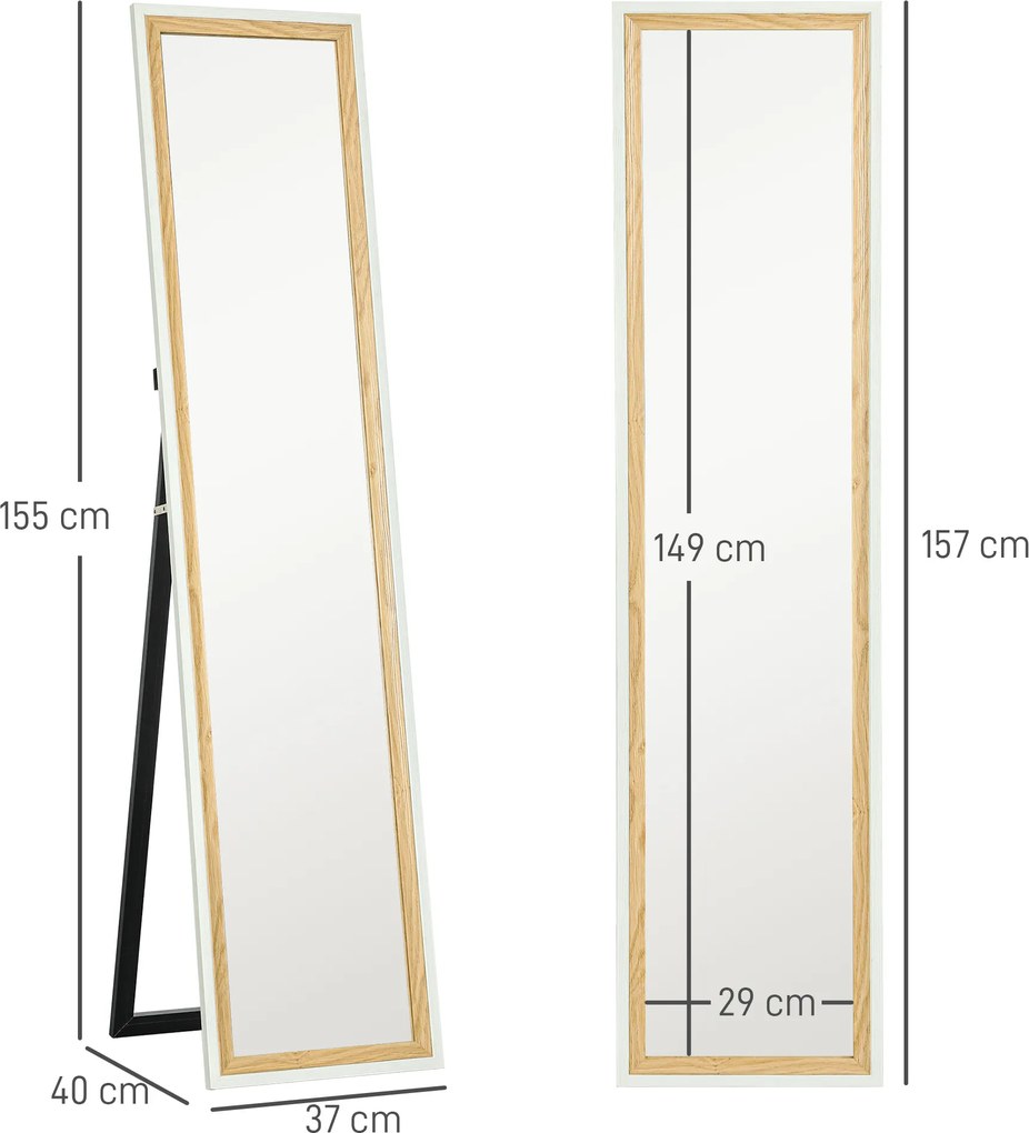 HOMCOM Oglindă de podea lungime întreagă oglindă pe suport cu ramă cu efect lemn, montare pe sol, suspendată, sprijinită, 157 x 37 cm alb | Aosom Romania