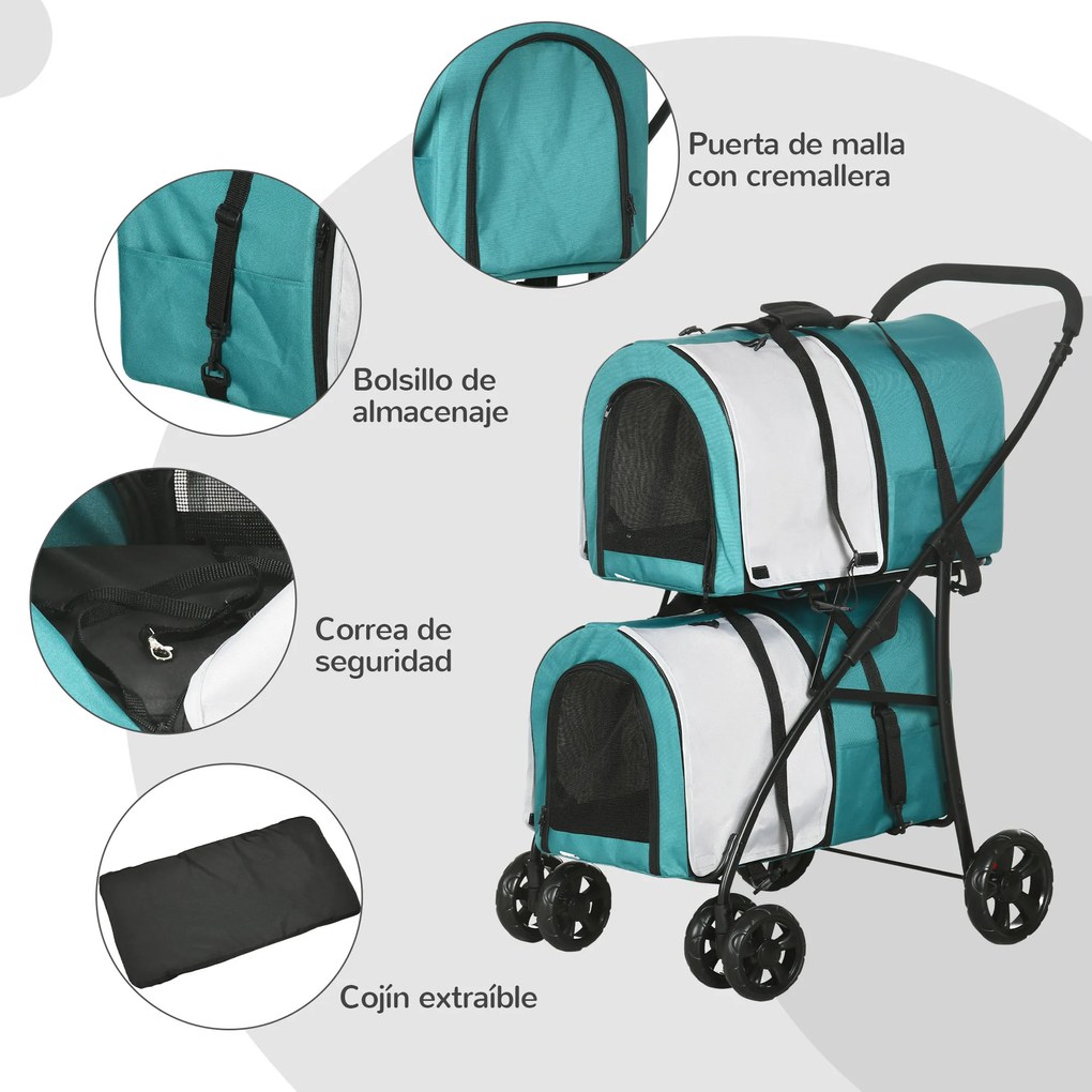 PawHut Cochecito Dublu pentru Câini Pisici Pliabil cu 2 Transportoare Extraibile cu Centură și Perne 66x50x98 cm Verde și Gri | Aosom Romania