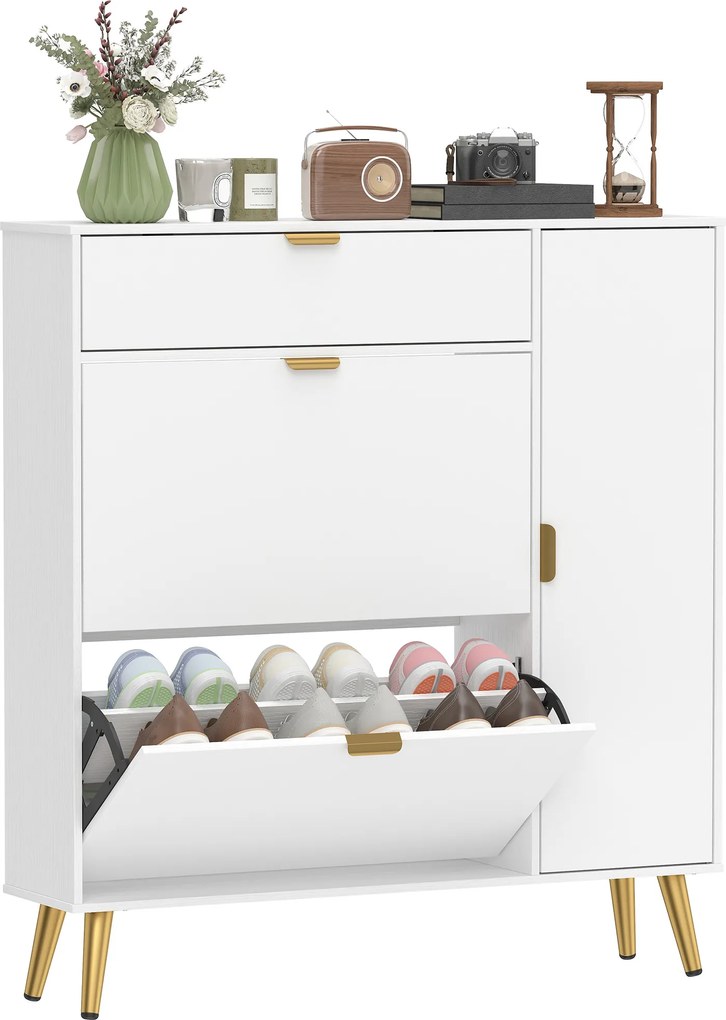 HOMCOM Dulap pentru pantofi 12 perechi, dulap pentru încălțăminte, 2 sertare basculante, 4 compartimente, 99,4x23,8x106,6cm, alb | Aosom Romania