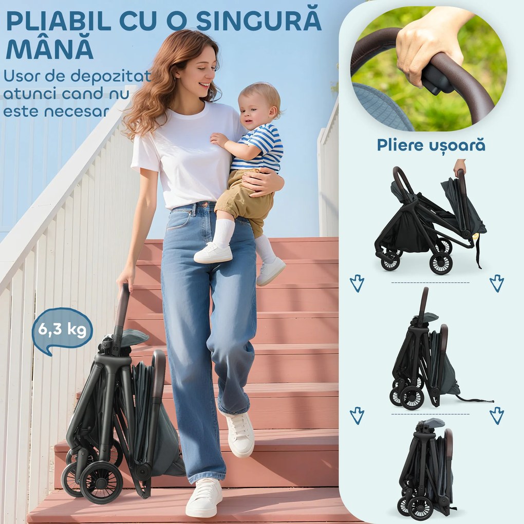 AIYAPLAY Cărucior Ușor 6.3kg pentru Copii 0-3 Ani Pliabil cu o Mână, Cărucior Compact Reclinabil cu Copertină și Suport pentru Picioare Reglabil, Roți și Coș de Depozitare, Până la 15 kg, Albastru | Aosom Romania