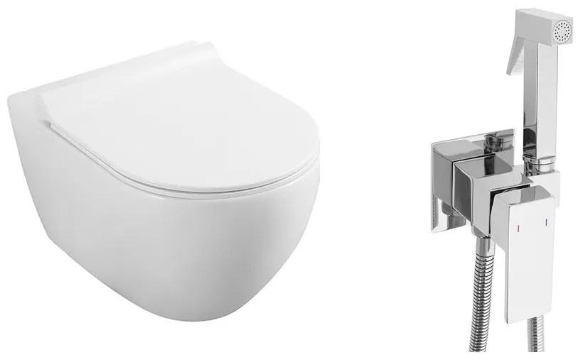 Pachet vas wc suspendat Fluminia, capac softclose si set dus igiena intima crom cu baterie incastrata Rea Fenix