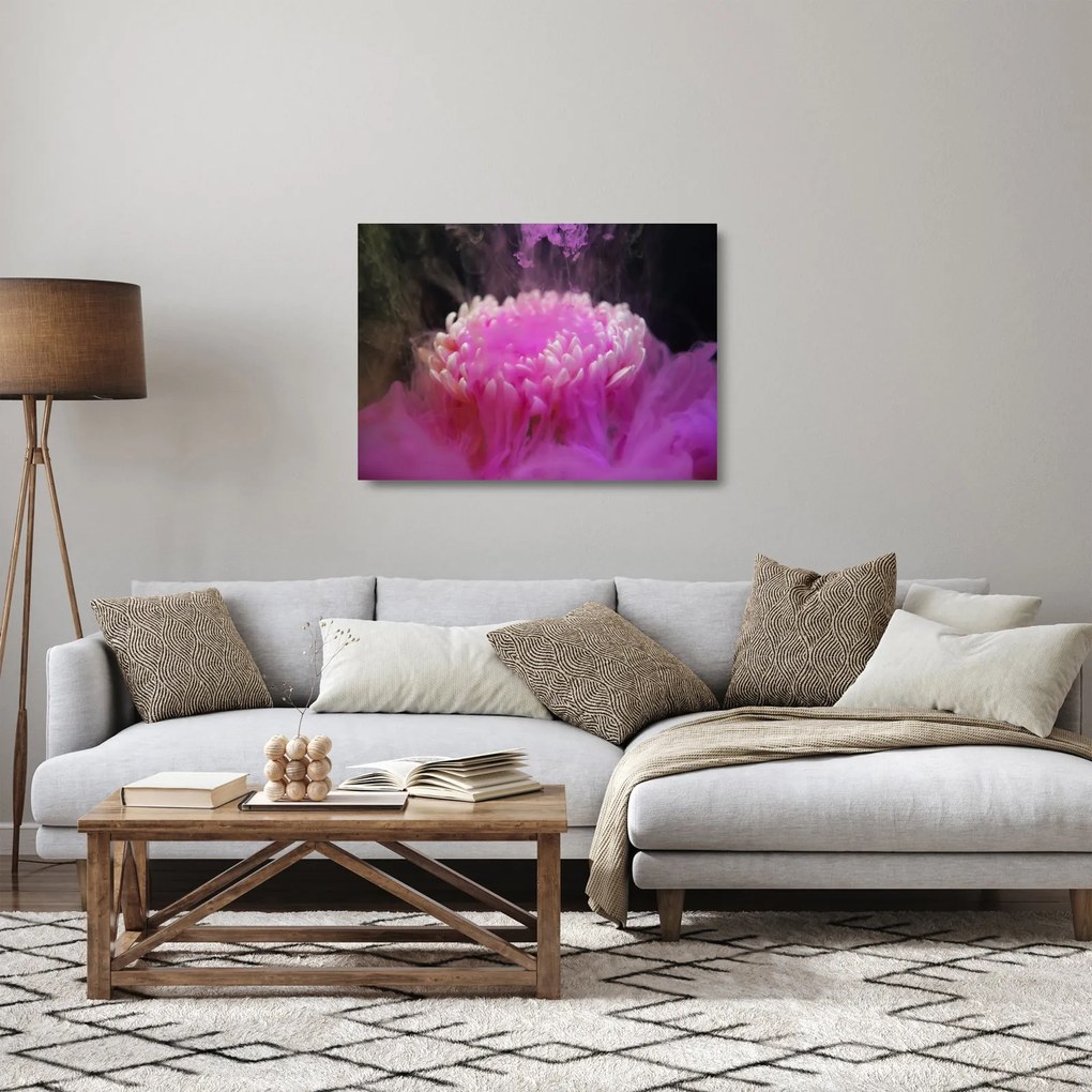 Tablou pe sticlă cu floare în fum roz (70x50 cm)