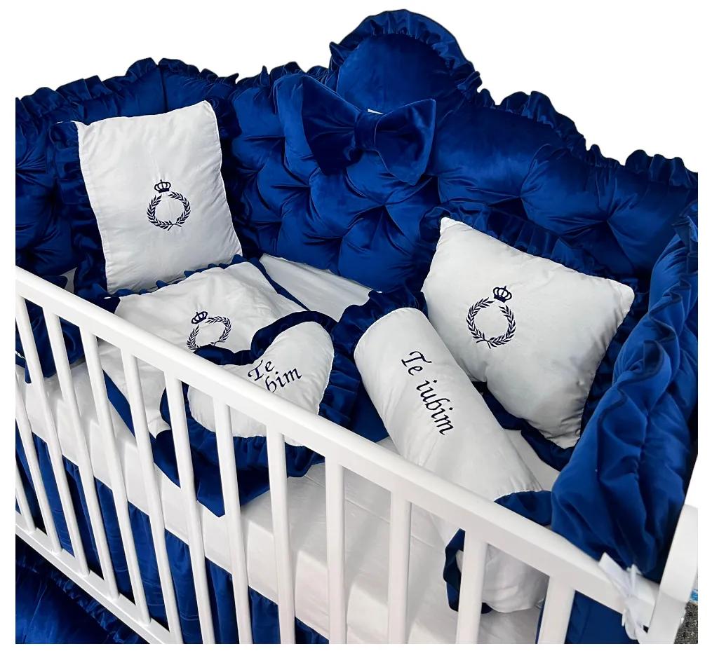 Lenjerie pătuț bebeluși din Catifea Albastru Royal cu apărători matlasate  cearșaf  păturică și pernuta din catifea albastra