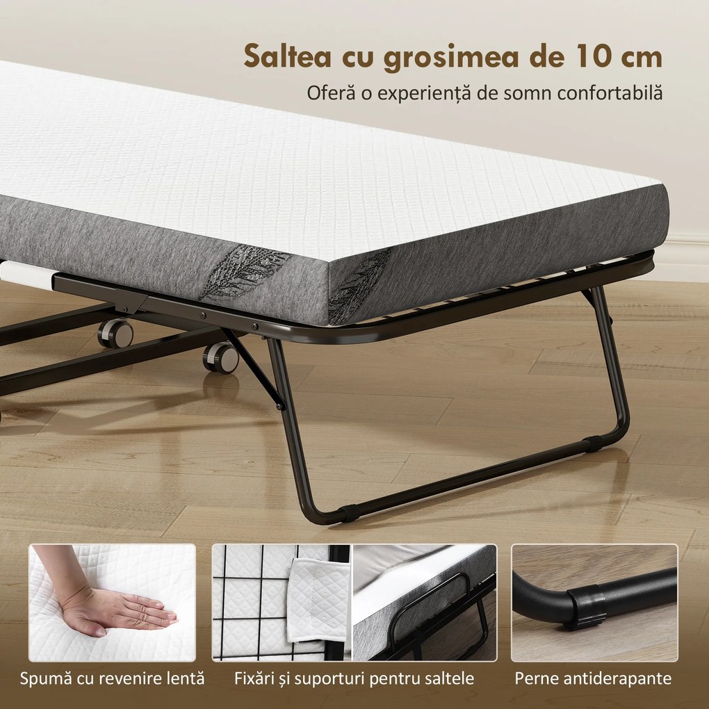 HOMCOM Pat Pliabil Single 90x200 cm cu Saltea de 10 cm Grosime, Cadru din Metal și Roți cu Frână, Negru | Aosom Romania