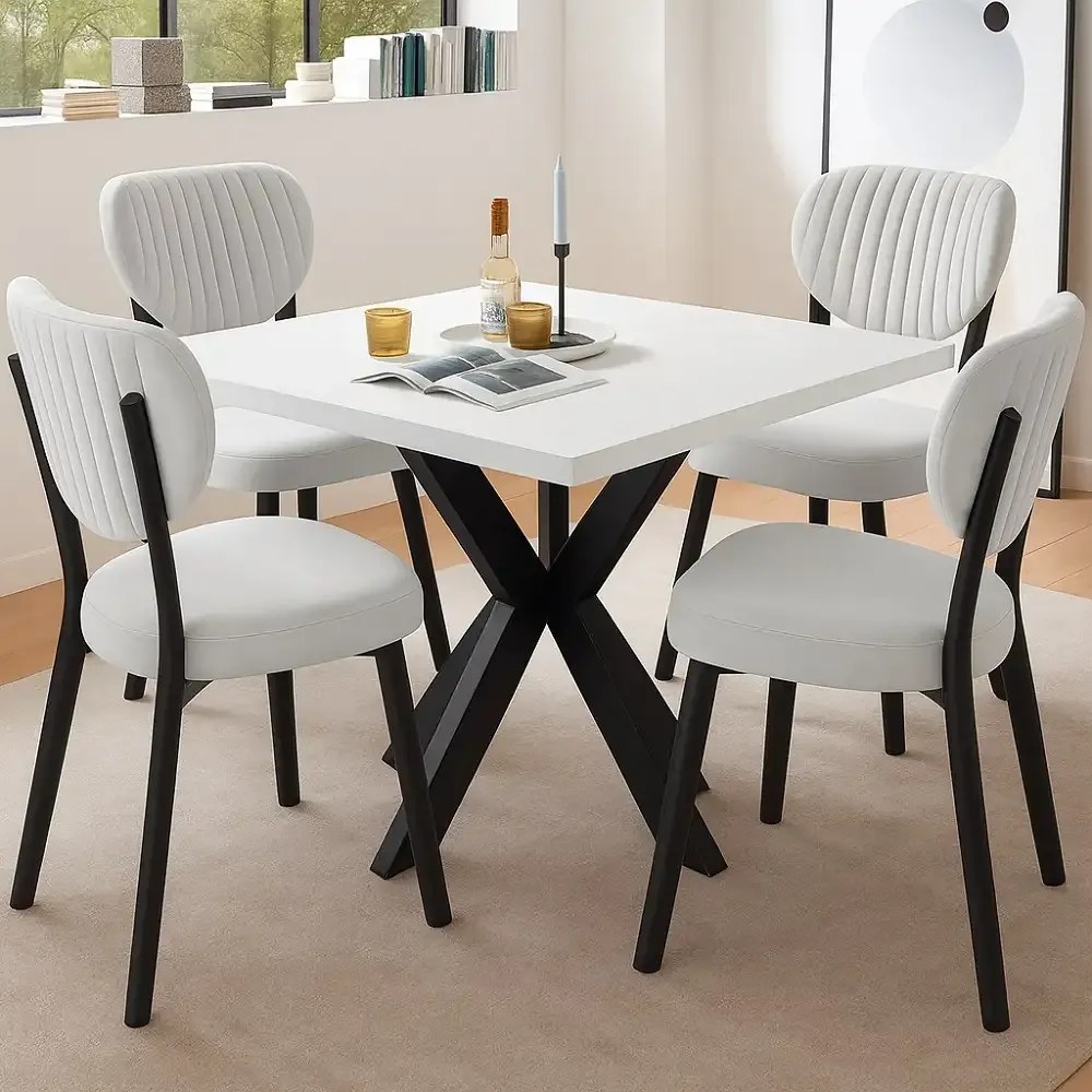 Masa de bucatarie din MDF patrat, alb,texturata, Homs 80x80X75 cm