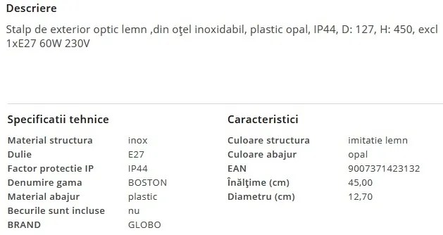 Stalp pentru exterior design modern, IP44 BOSTON
