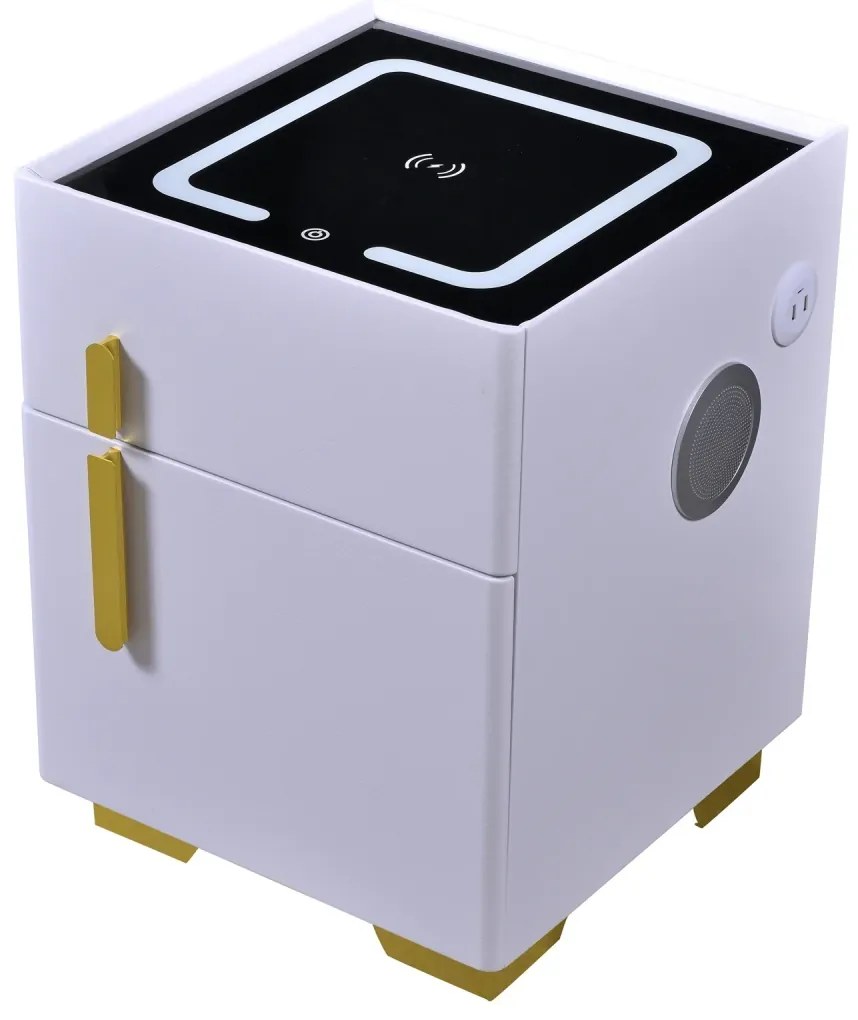 Noptiera inteligenta multifunctionala, iluminare LED tactil cu 3 culori, incarcare wireless si USB, difuzor Bluetooth, 2 sertare, Alb