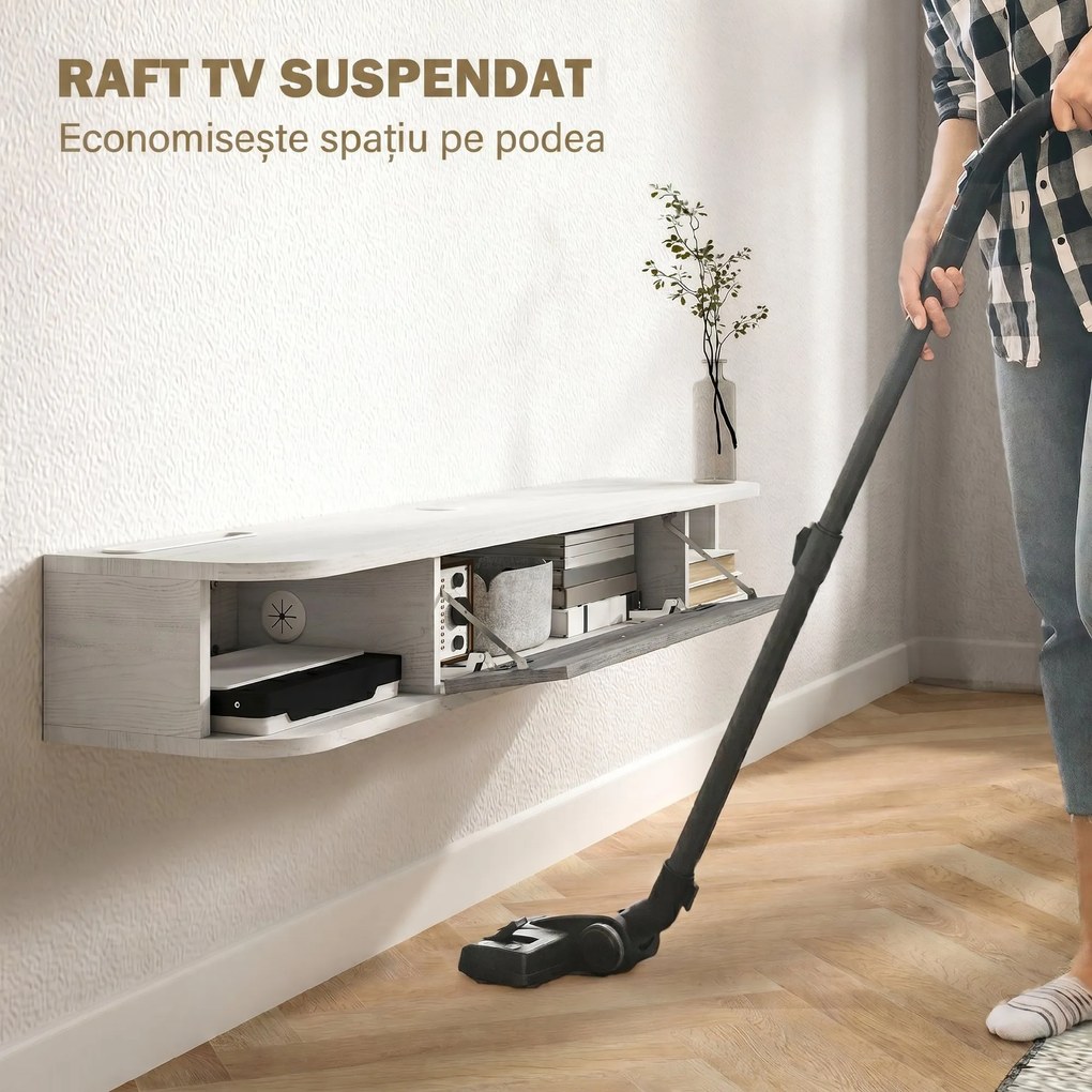 HOMCOM Mobilier TV Suspendat cu 2 Rafturi Deschise și un Dulăpior cu Ușă Rabatabilă, 120x26x16 cm, Gri | Aosom Romania