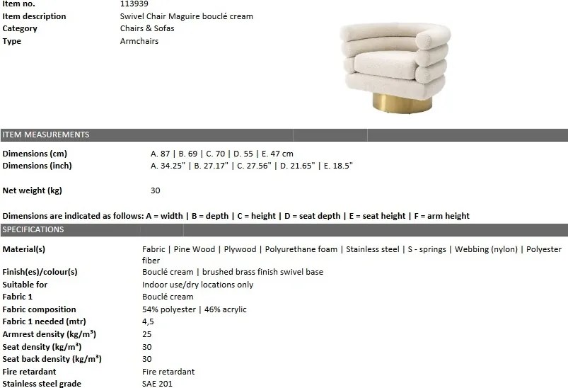 Fotoliu pivotant design elegant LUX Maguire, boucle crem 113939 HZ