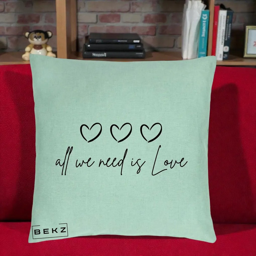 Perna Decorativa All We Need Is Love, 40x40 cm, Verde Menta, Husa Detasabila, Perna Inclusa, BEKZ®
