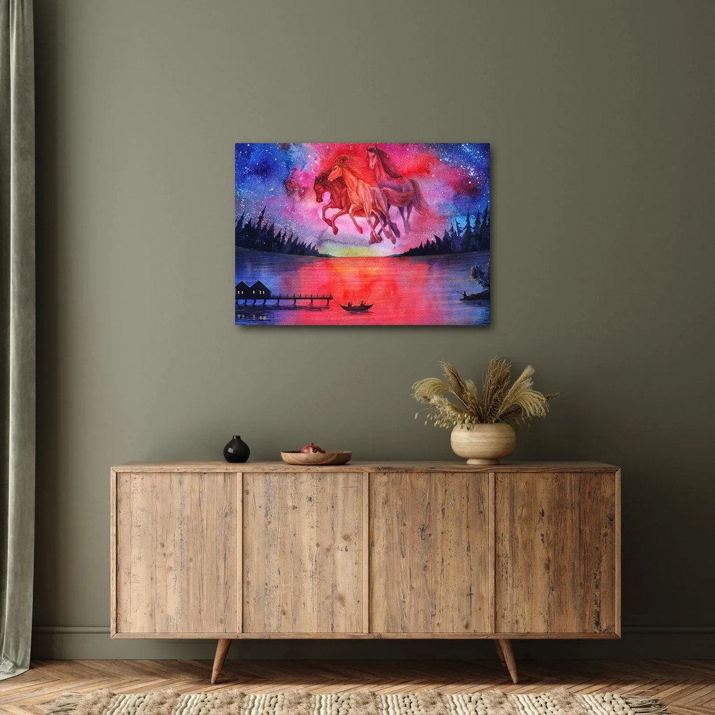 Tablou - Apariția cailor spațiali peste lac, acuarelă (70x50 cm)
