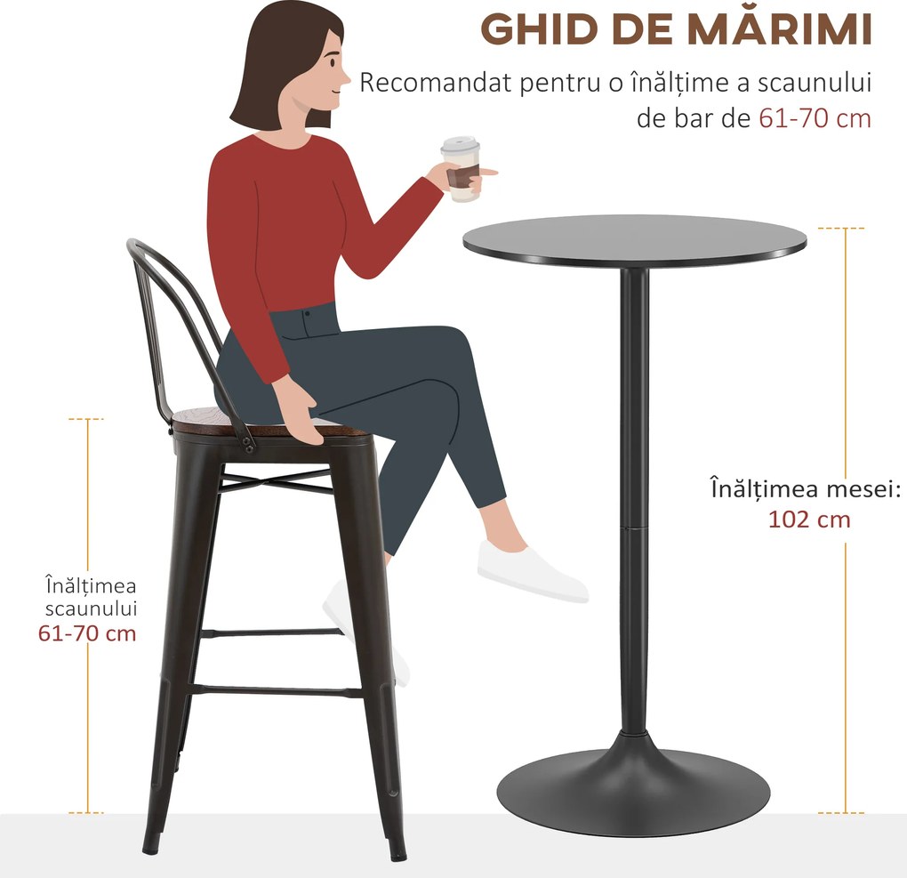 HOMCOM Masă de Bar Înaltă, Masă de Bucătărie Modernă Rotundă cu Blat Vopsit și Bază din Oțel, Masă Bistro pentru 2 Persoane, Neagră | Aosom Romania
