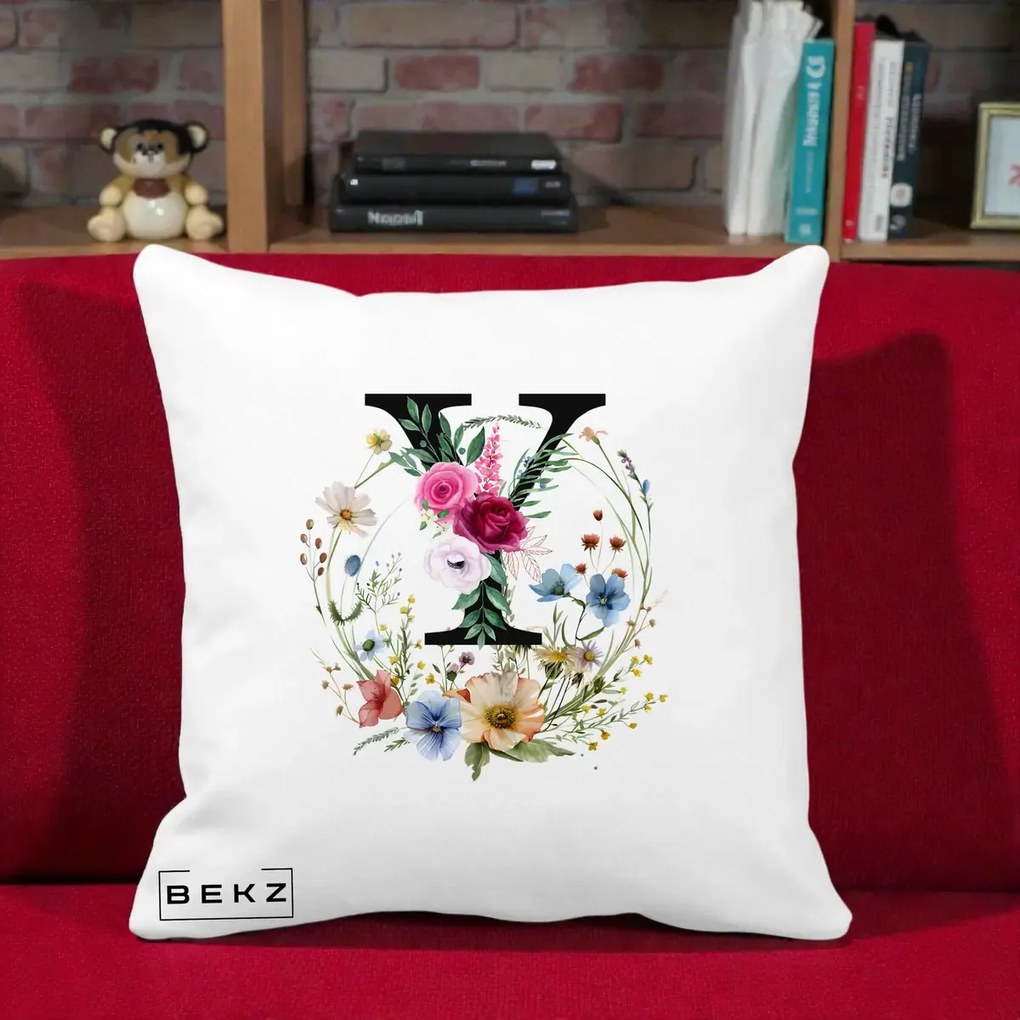 Cadou Personalizat - Perna Personalizata Monograma Florala Litera Y cu Coroana, 40x40 cm, Alba Mata, Husa Detasabila, Perna Inclusa, BEKZ®
