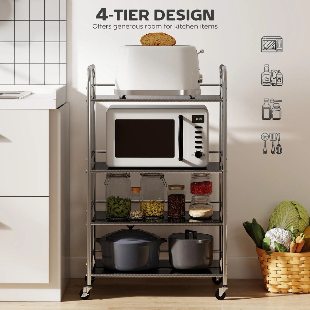 HOMCOM Cărucior de Bucătărie din Oțel Inoxidabil cu 4 Nivele și Rafturi Reglabile - Argintiu | Aosom Romania