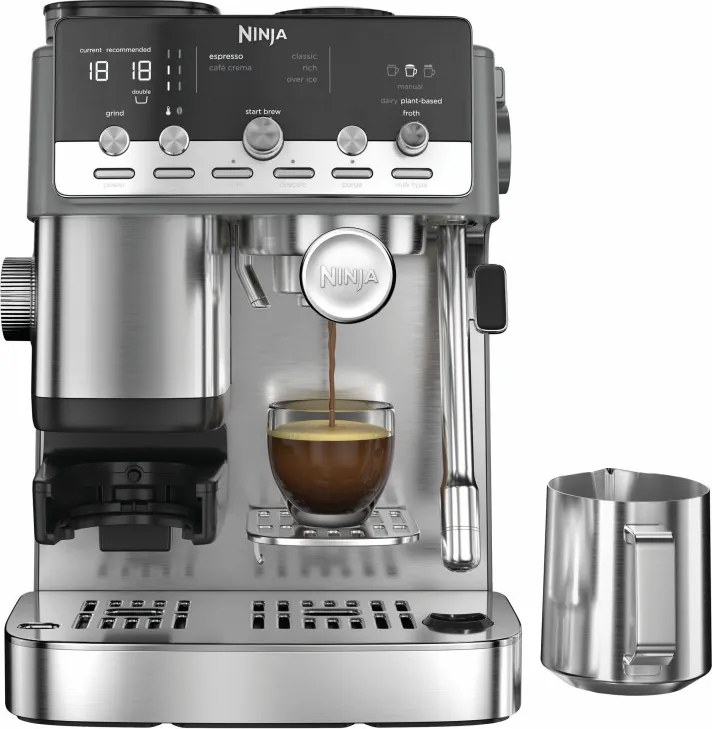 Espressor manual cu rasnita Ninja Luxe Café Mini ES352EU, 1650 W, 9 bar, 250 g, 1,3 l, Barista Assist, 3 setari pentru spumare, 6 tipuri de espresso,Otel inoxidabil