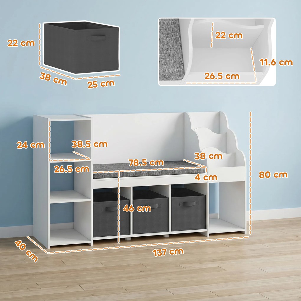 AIYAPLAY Raft Depozitare Jucării Copii 3-8 Ani cu Bibliotecă pe 3 Niveluri, 3 Sertare, 4 Compartimente, Pernă, Alb | Aosom Romania